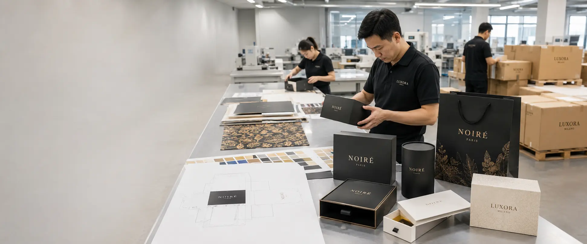 Custom packaging production process from dieline to packed cartons