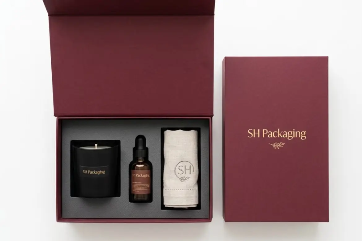 Candle packaging project background with glass jar and custom box sample