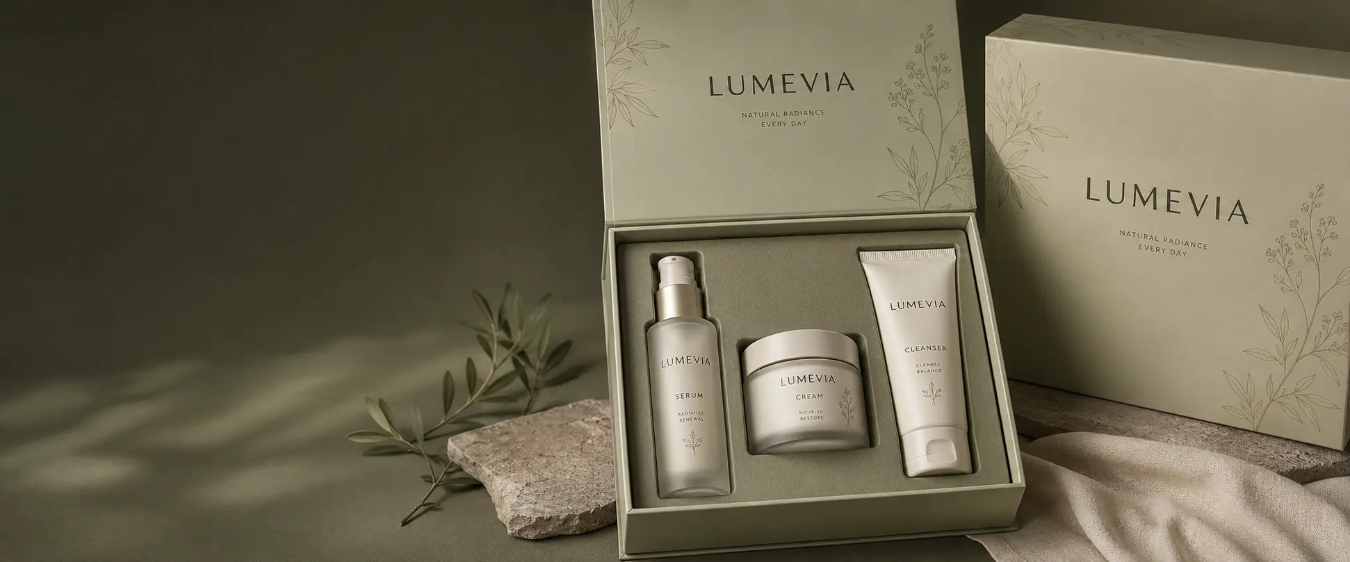 Skincare packaging case study with bottle jar and tube set insert check