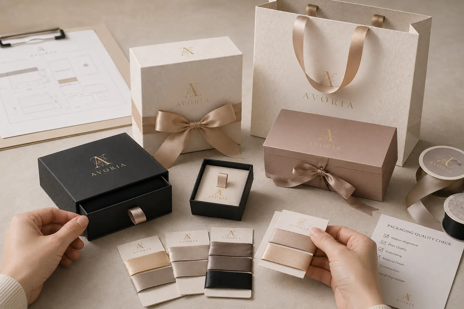 Custom packaging ribbon sample check on gift boxes and drawer boxes