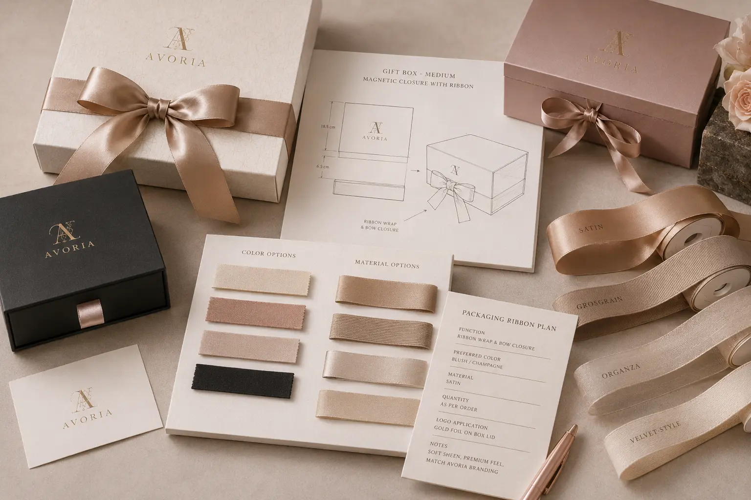 Custom packaging ribbon planning details for box size color function and quantity
