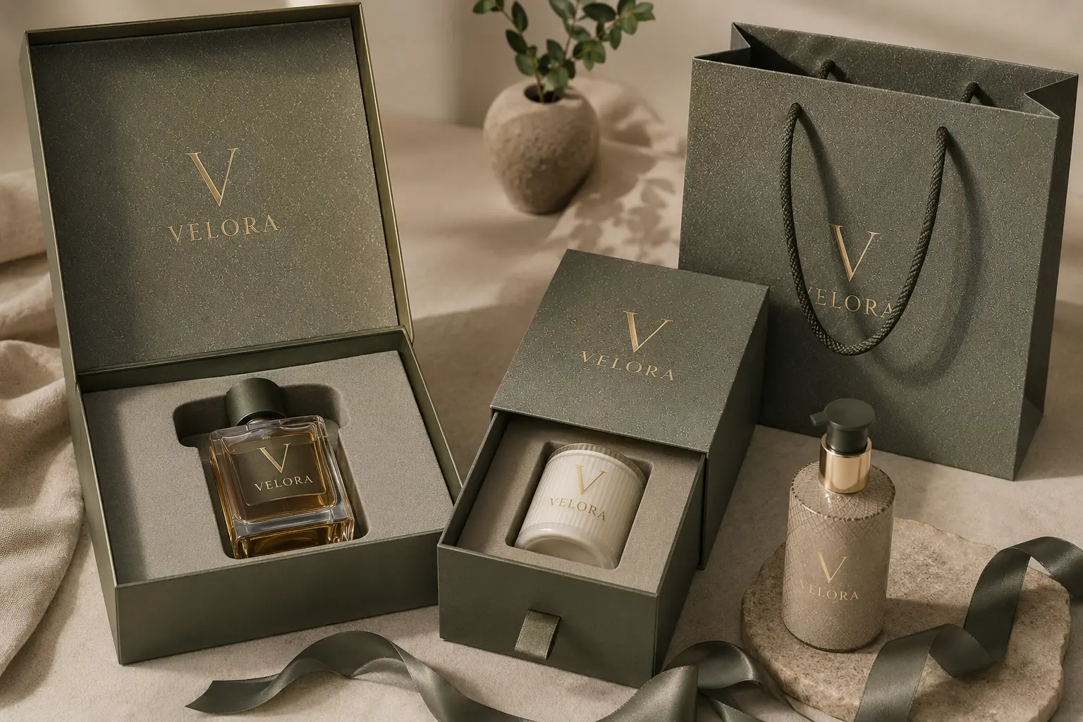 Combined custom packaging options with specialty paper foil logo insert ribbon and paper bag