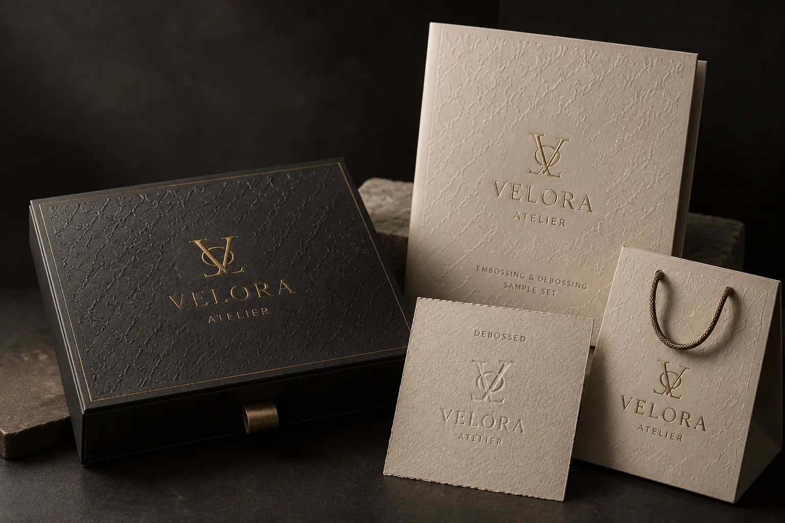 Embossing and debossing samples for custom packaging