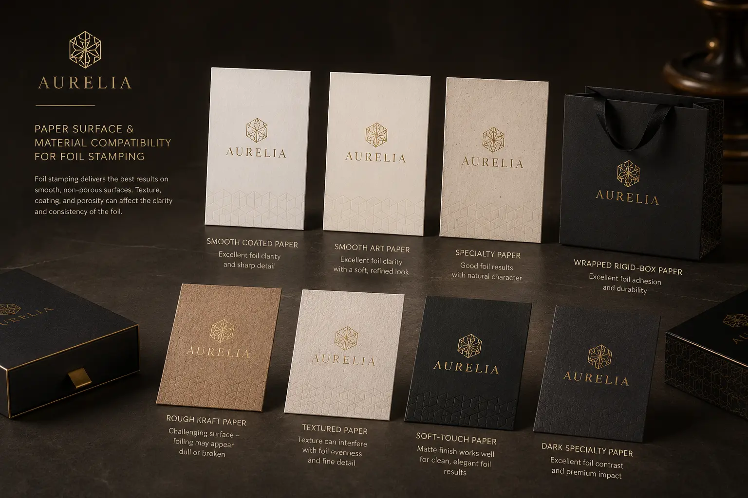 Foil stamping compatibility on coated kraft specialty and textured paper