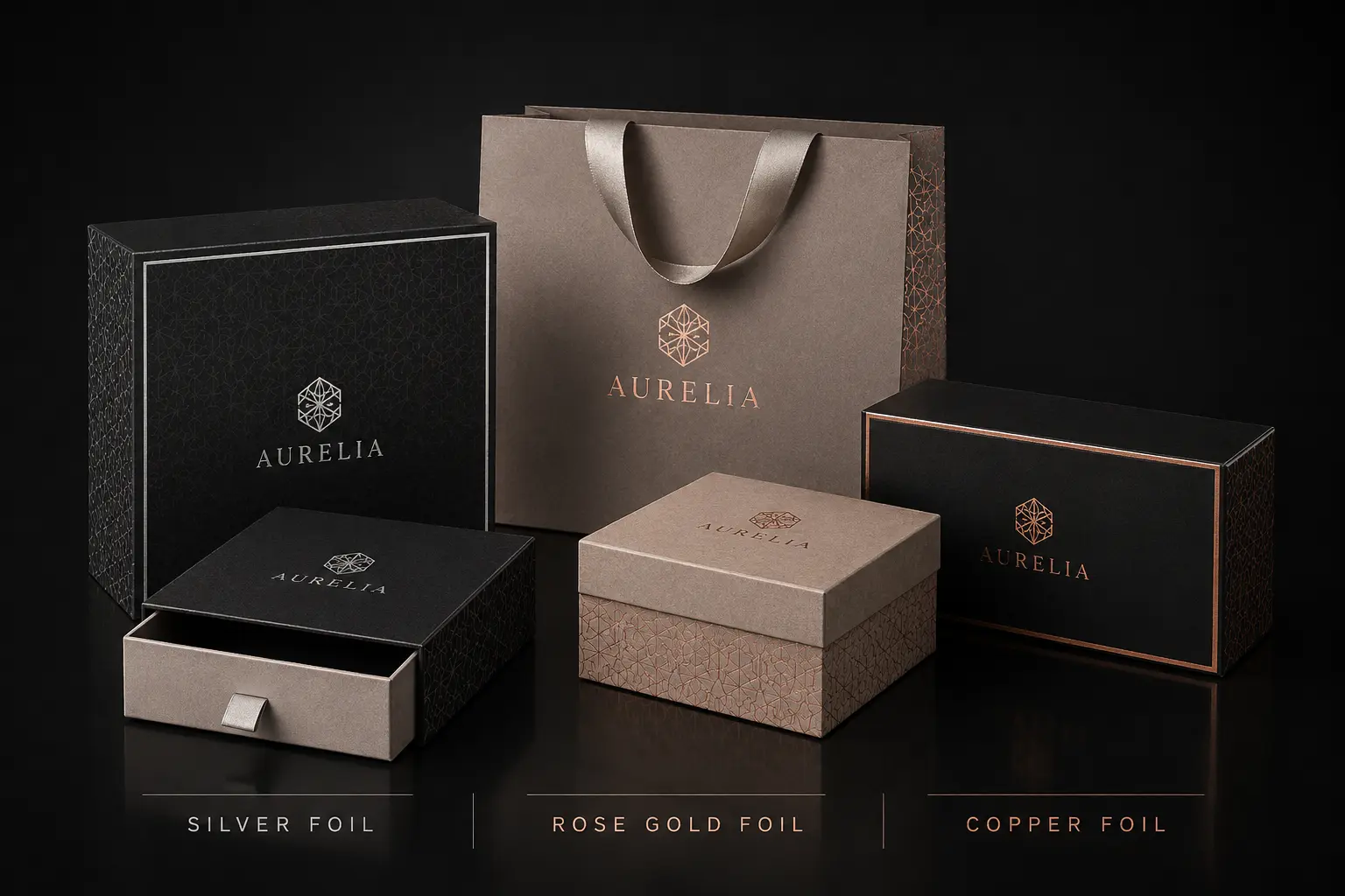 Silver and rose gold foil stamping samples for custom boxes