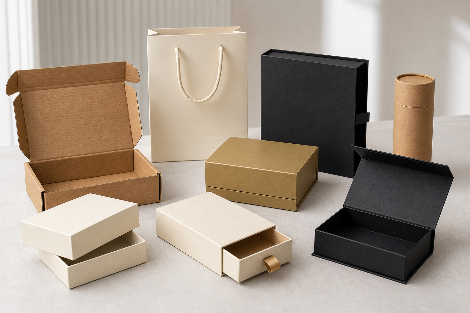 Custom rigid boxes, paper bags and mailer boxes sample display