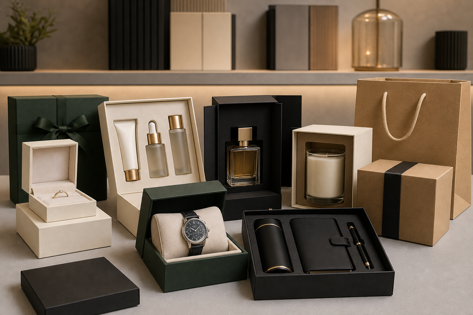 Finished custom packaging projects for jewelry skincare perfume candle watch and corporate gifts