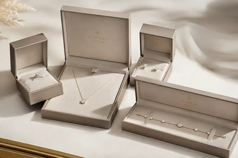 Custom jewelry packaging for rings, necklaces, earrings and bracelets
