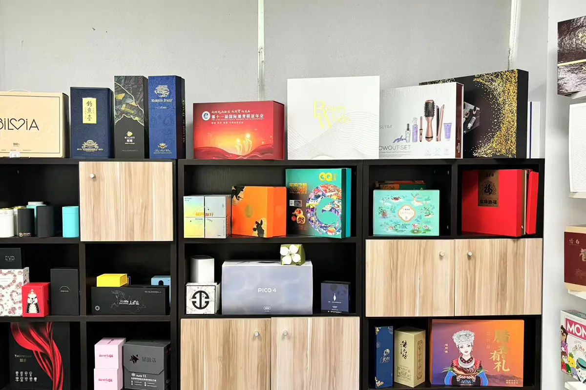 Real cosmetic and skincare packaging samples in varied colors