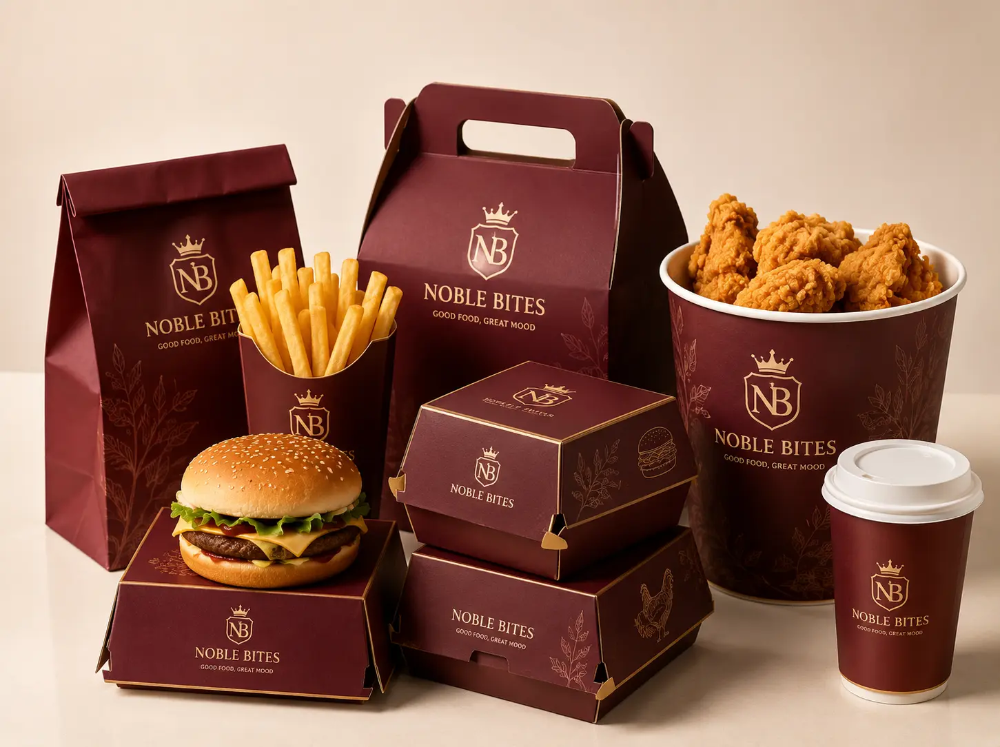 Burgundy fast food packaging set with takeaway boxes