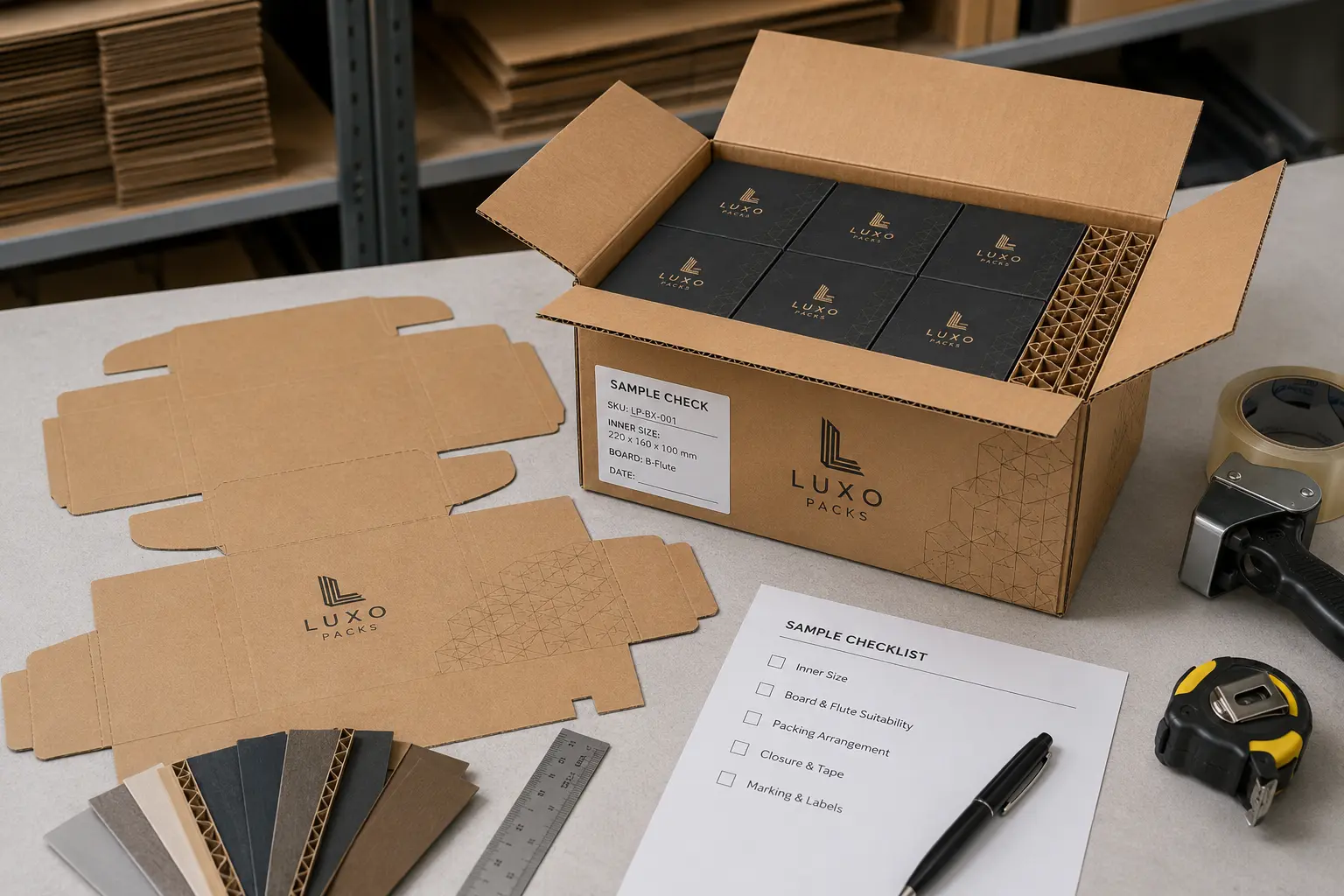 Corrugated shipping carton sample check before bulk production