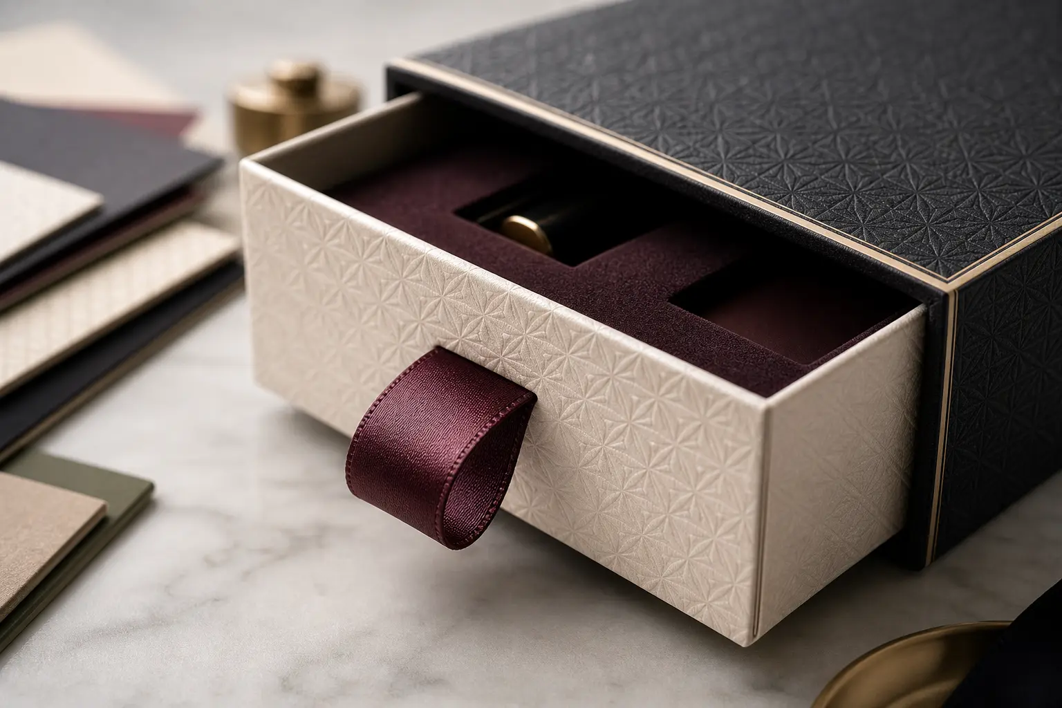 Pull ribbon detail on a custom drawer gift box