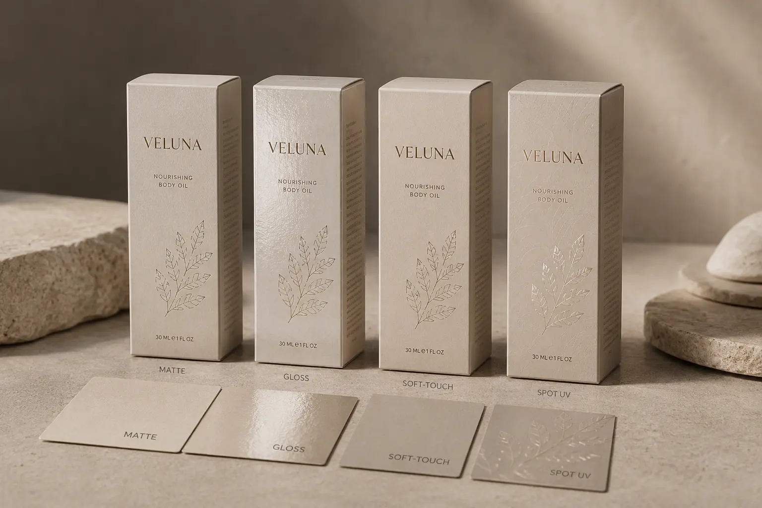 Coating and surface finish samples for folding carton boxes