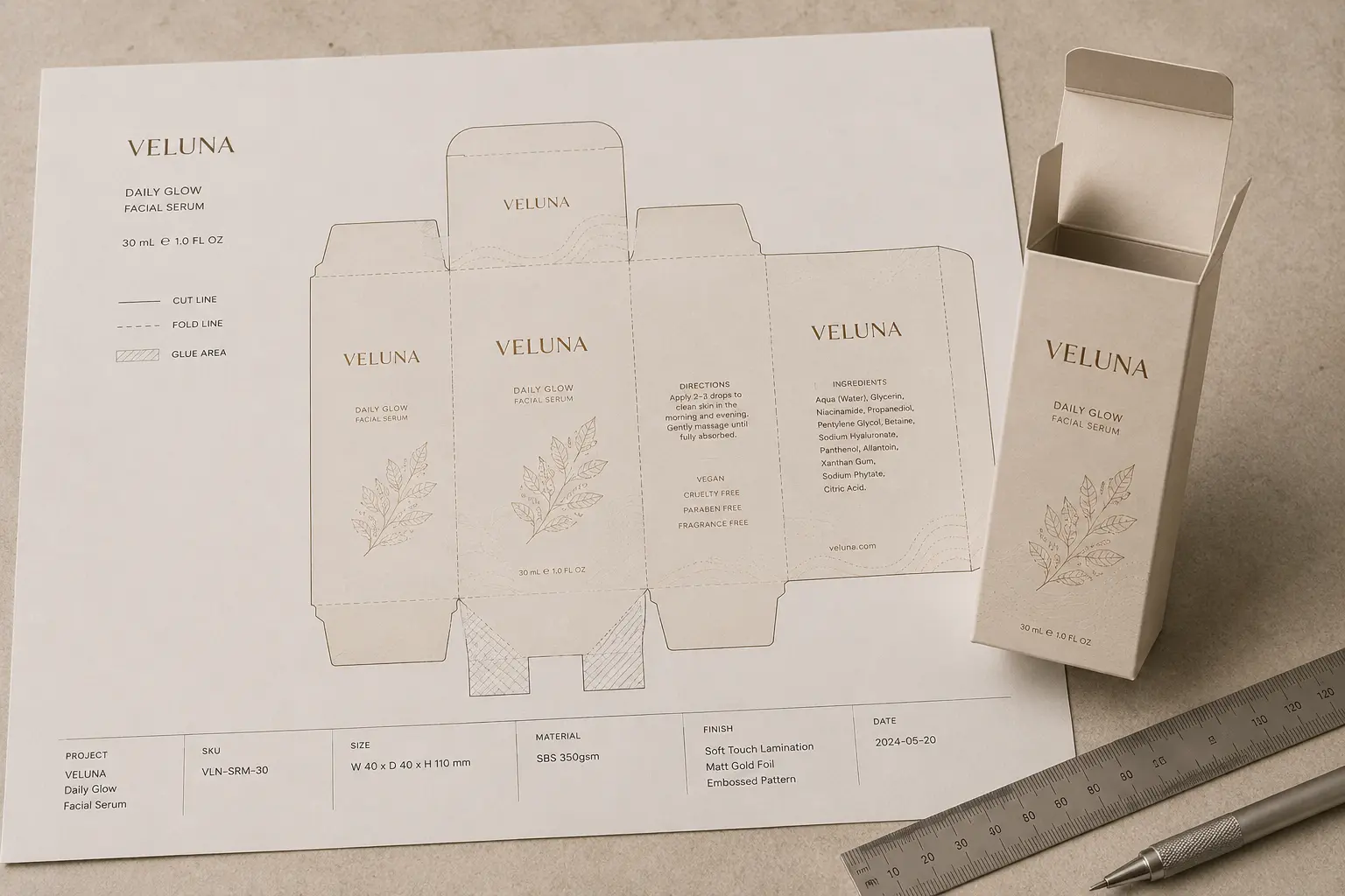Folding carton dieline with fold lines and glue flap
