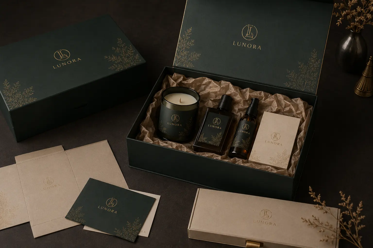 Custom gift box sample with product set arrangement