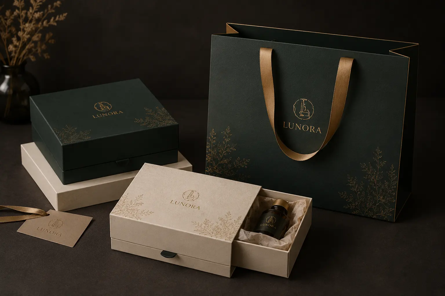 Matching paper bag and custom gift box set