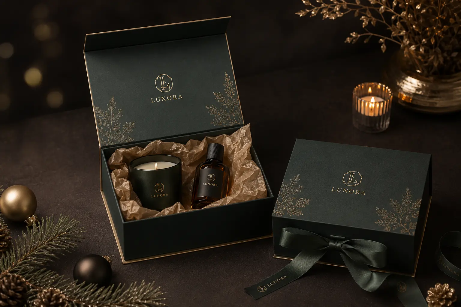Lid and base gift box with printed seasonal artwork