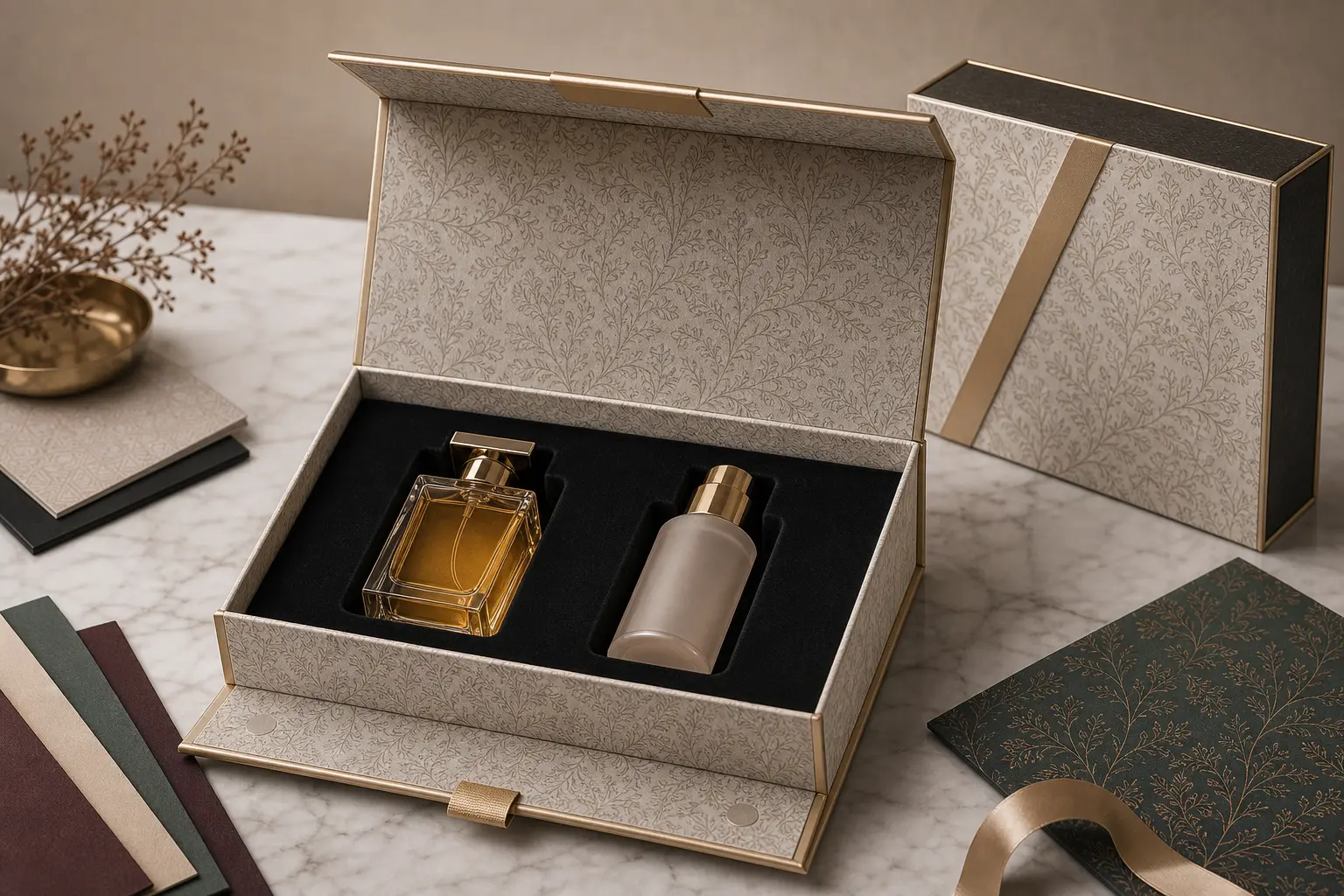 Custom magnetic box with fitted insert for perfume bottle