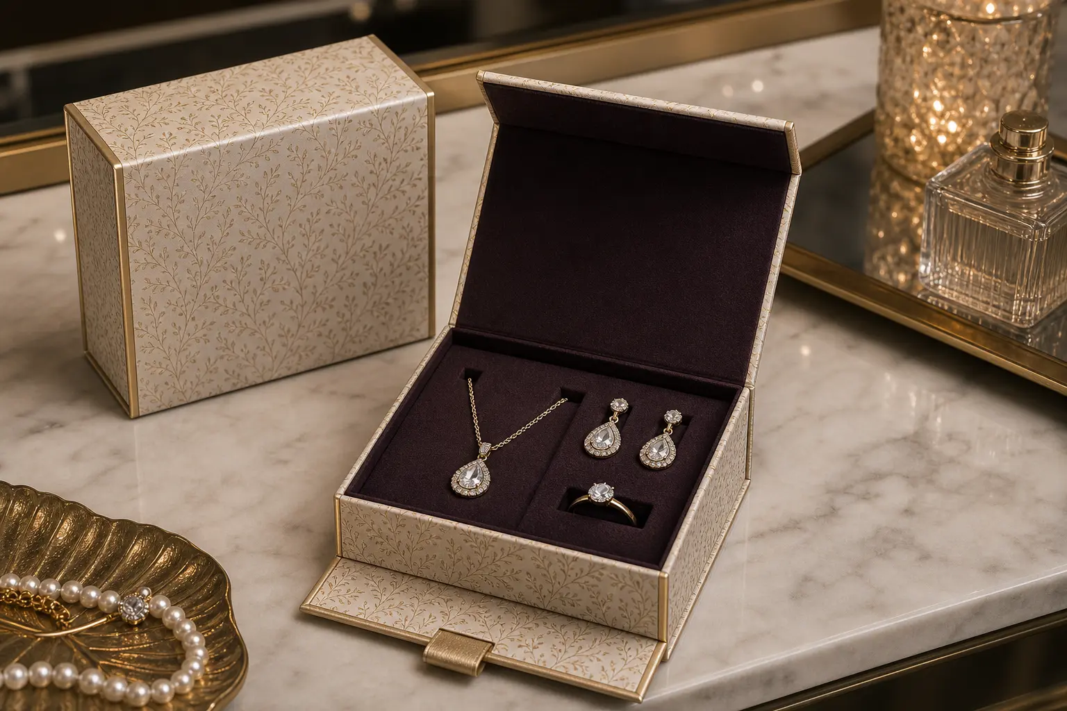 Magnetic closure box for jewelry set packaging
