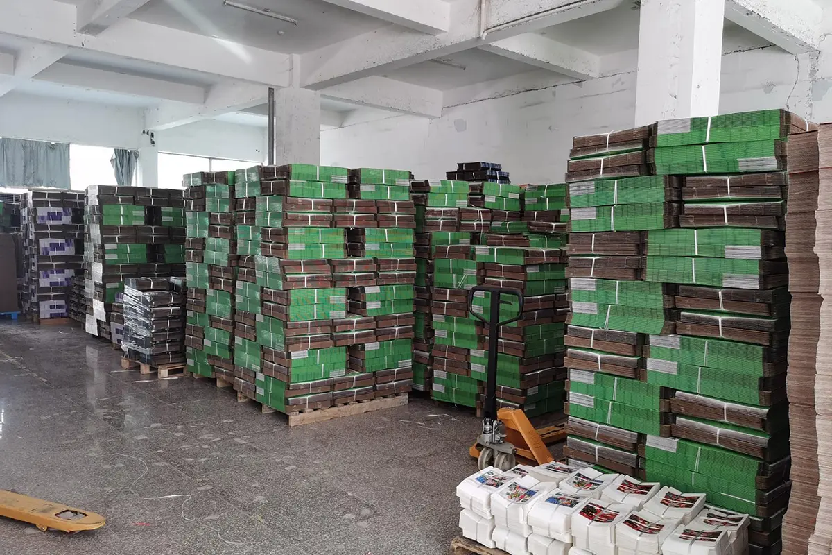 corrugated shipping cartons stacked in the packaging factory