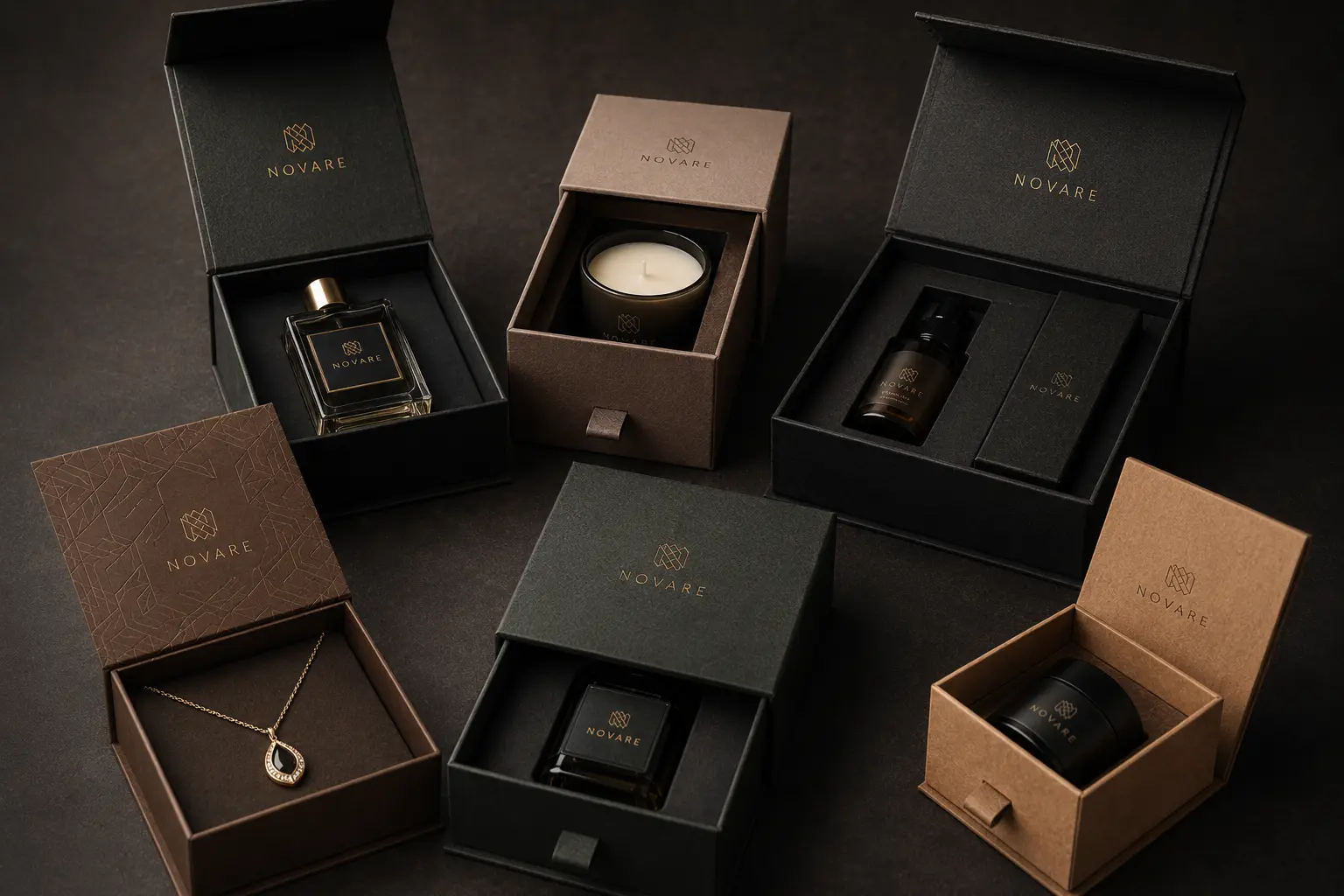 Finished custom packaging boxes ready for bulk production