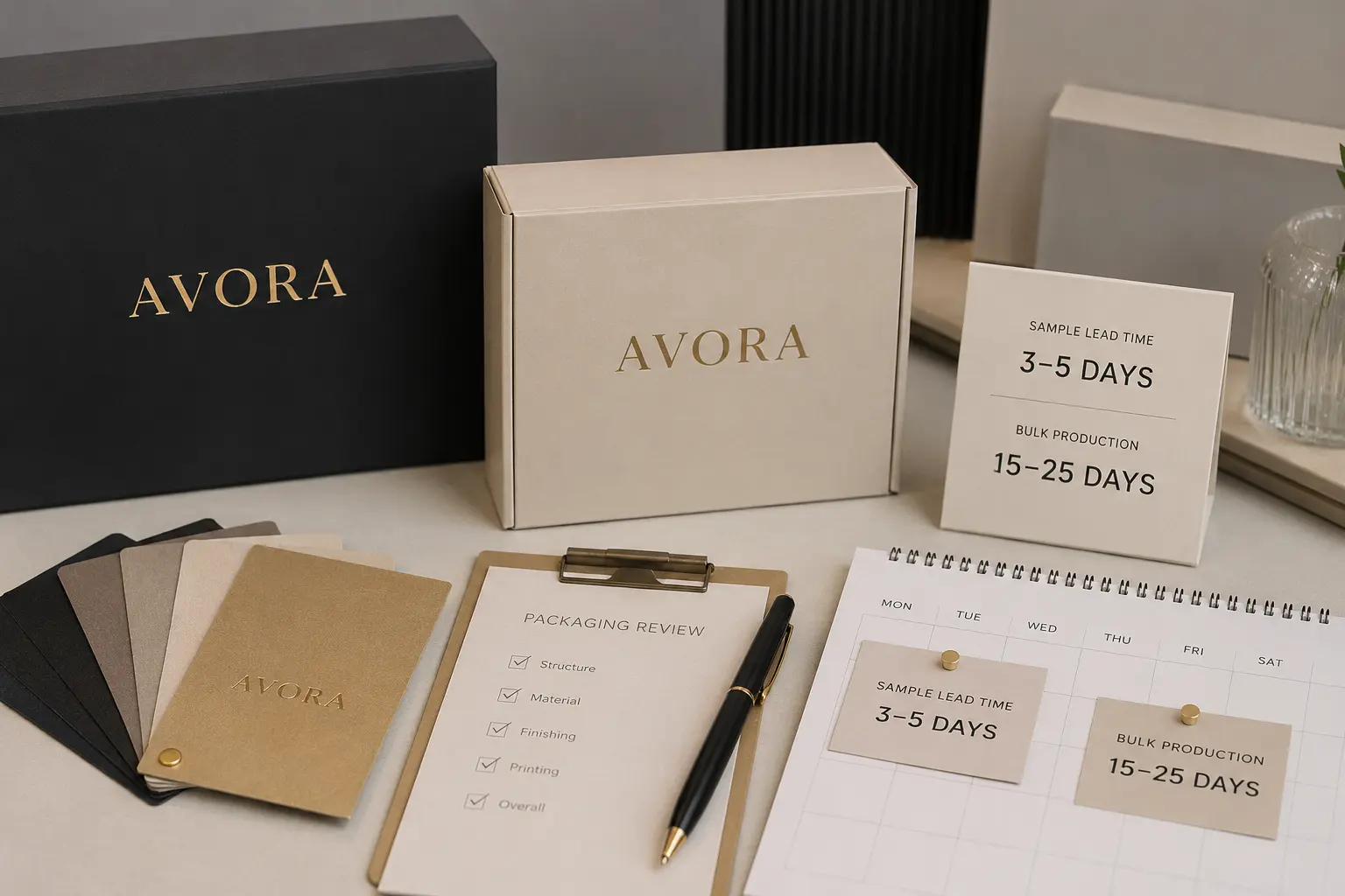 Custom packaging sample timing and bulk production lead time reminder