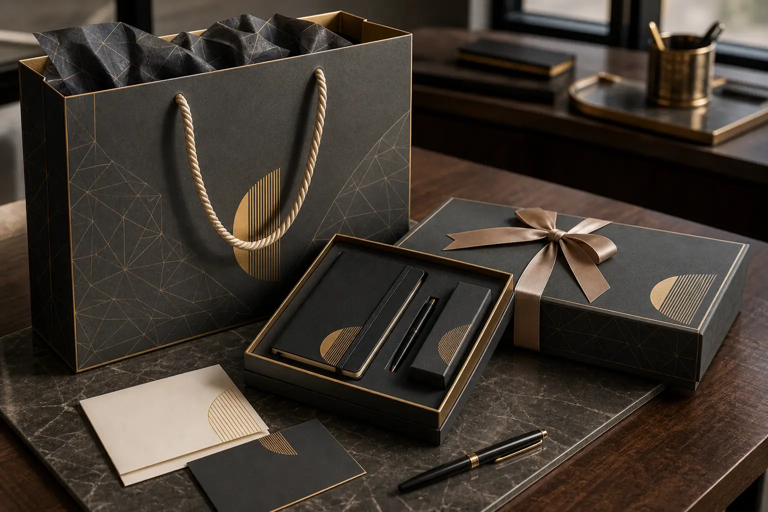 Corporate gift paper bags matched with gift boxes