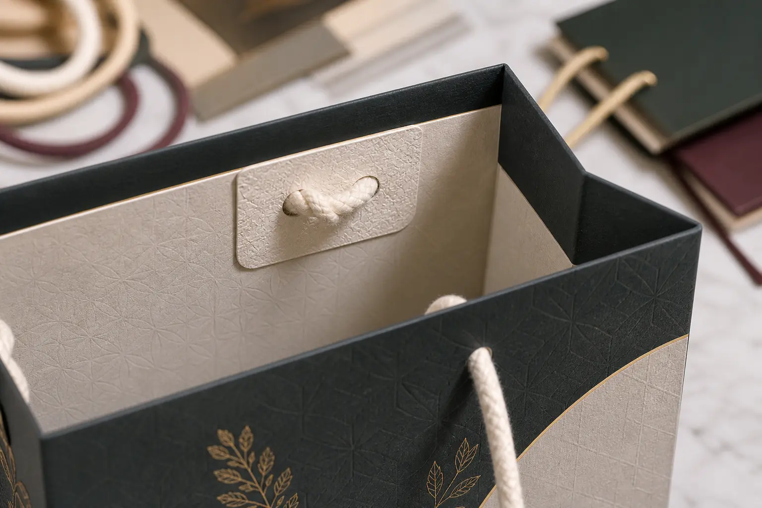 Paper bag handle hole reinforcement detail