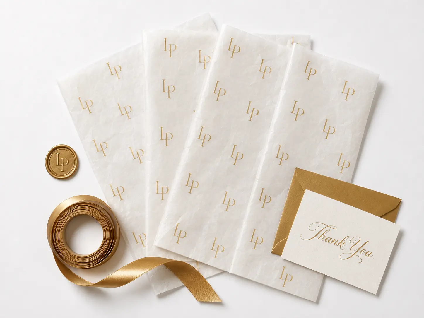 Branded tissue paper ribbons and packaging accessories