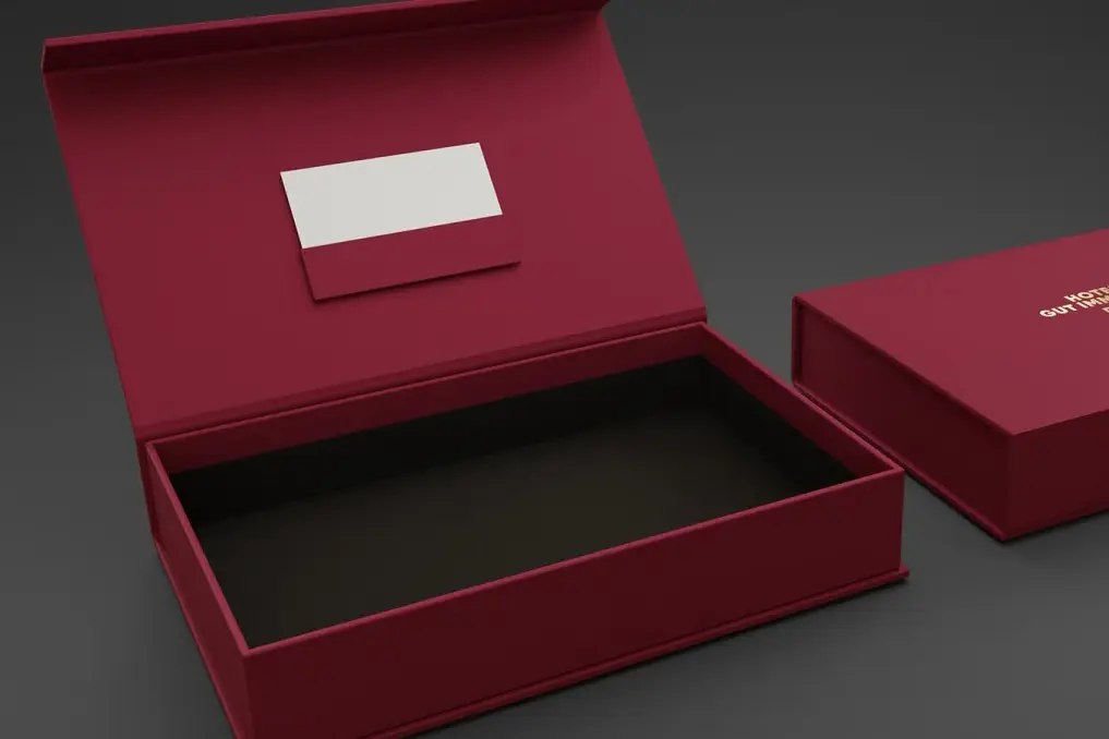 Burgundy rigid lid-and-base gift box with black interior